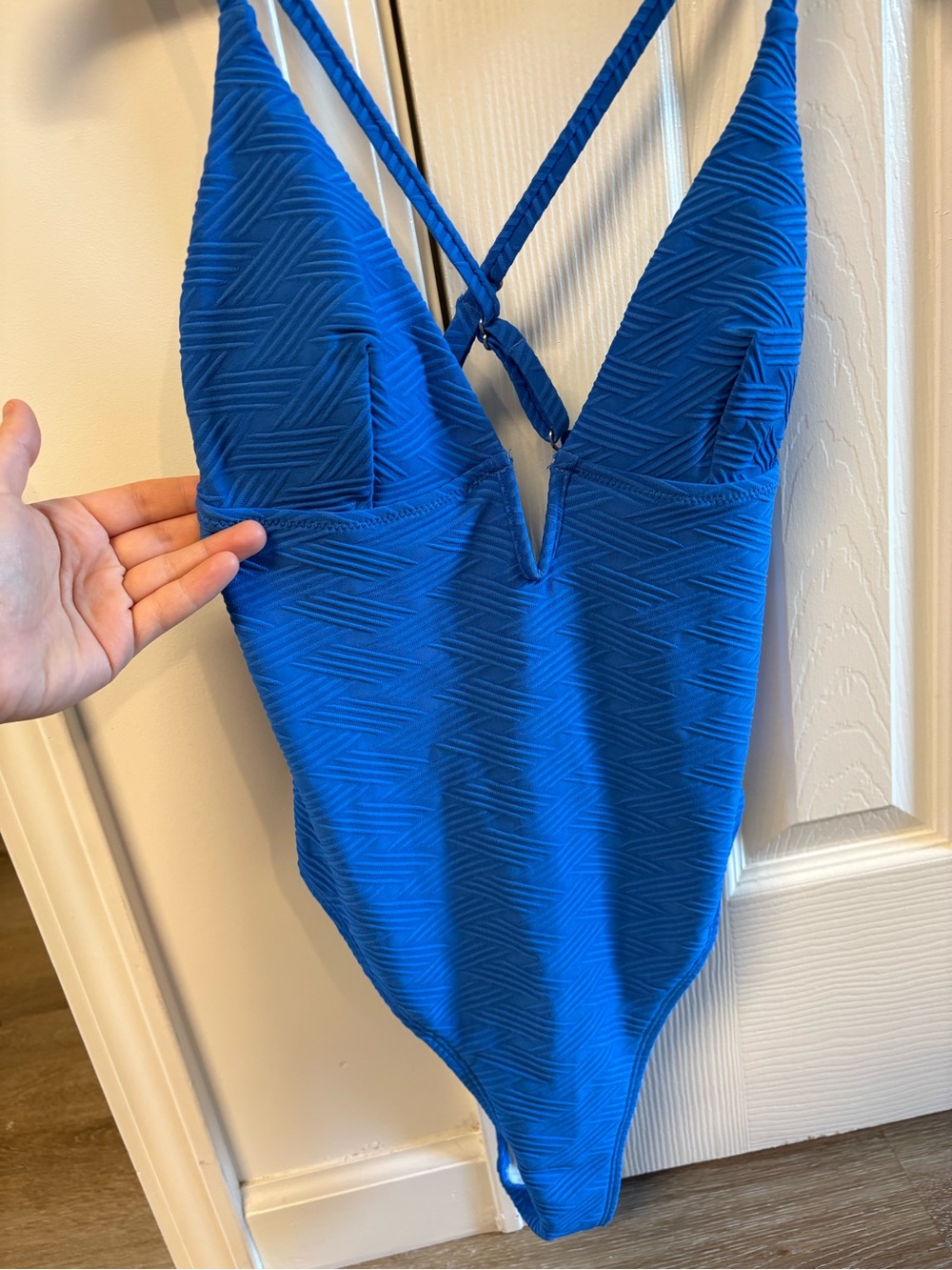 Blue Textured V-Neck Women’s One-Piece Swimsuit